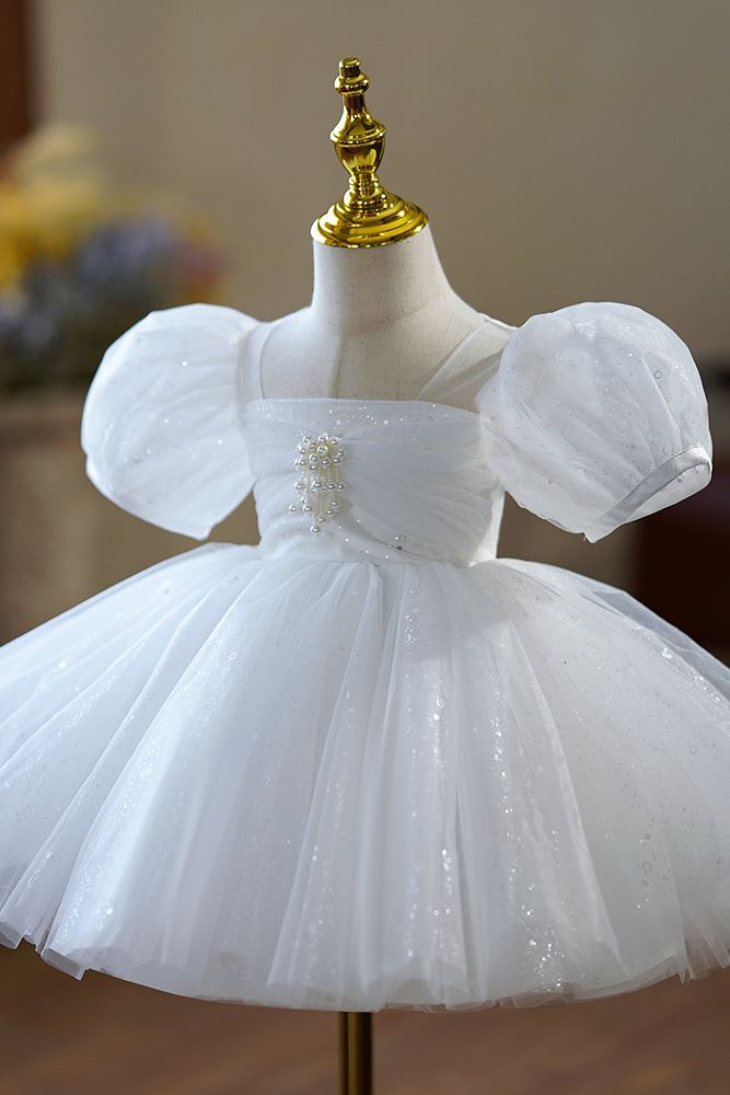 Prinzessin Wadenlang Pailletten Blumenmädchenkleider in Weiß