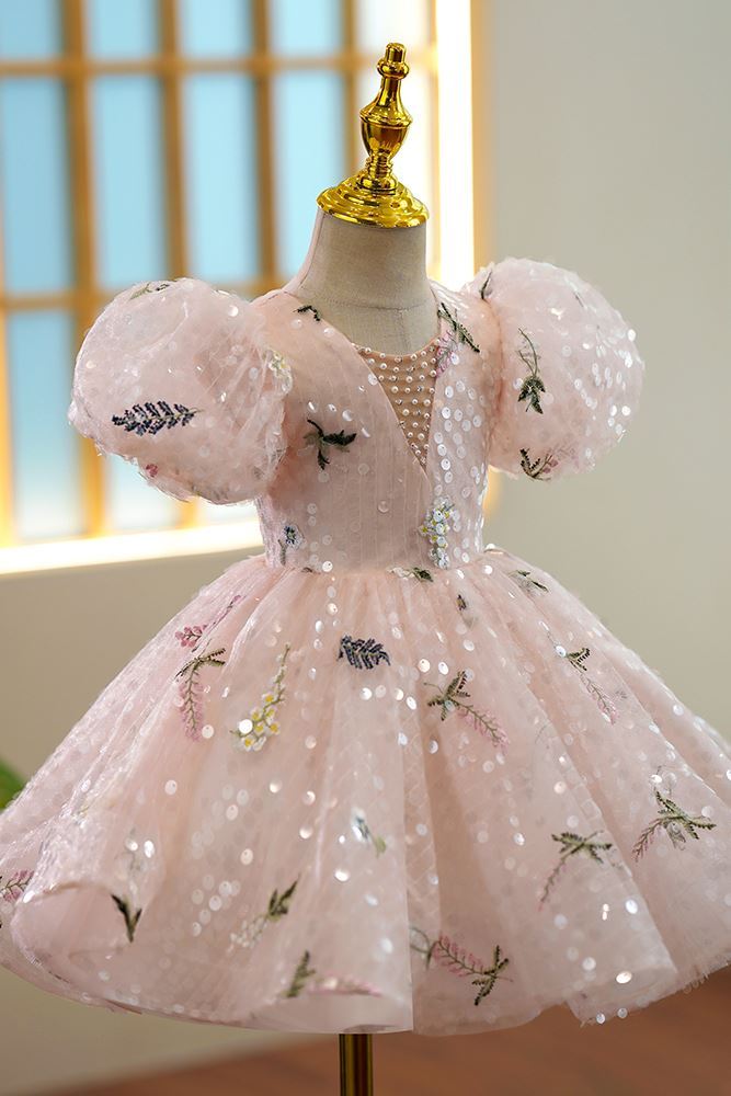 Prinzessin Wadenlang Pailletten Blumenmädchenkleider in Rosa