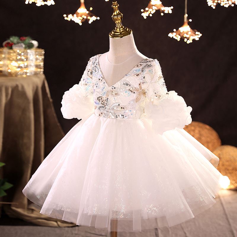 Prinzessin V Ausschnitt Wadenlang Tüll Blumenmädchenkleider in Weiß