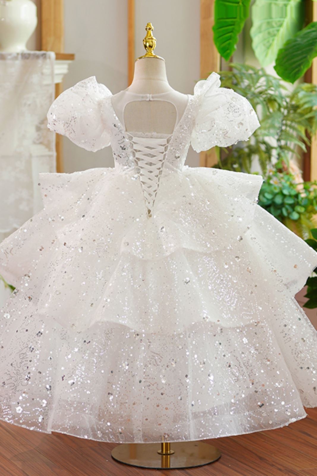 Prinzessin Bodenlang Pailletten Blumenmädchenkleider in Weiß