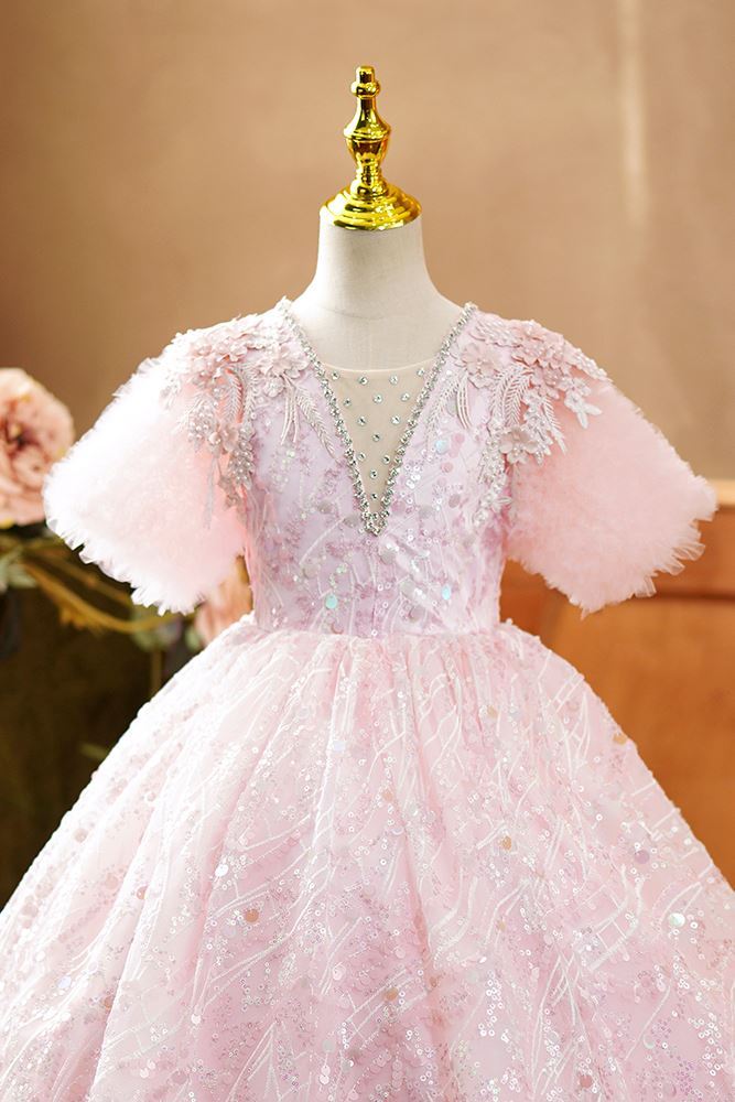 Prinzessin Bodenlang Pailletten Blumenmädchenkleider in Rosa
