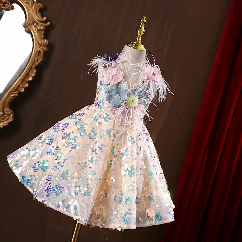 A-Linie Wadenlang Pailletten Blumenmädchenkleider in Champagner