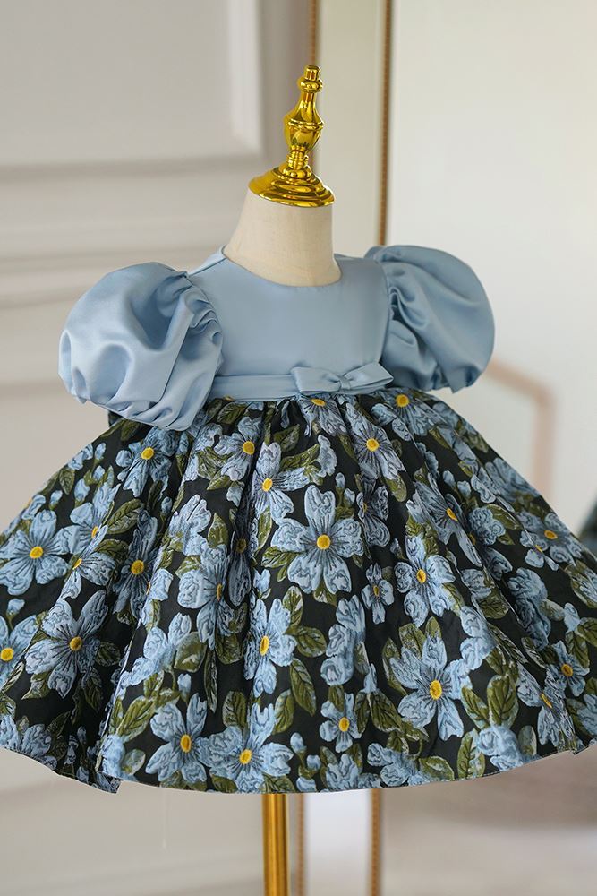 Prinzessin Runden Wadenlang Satin Blumenmädchenkleider in Blau