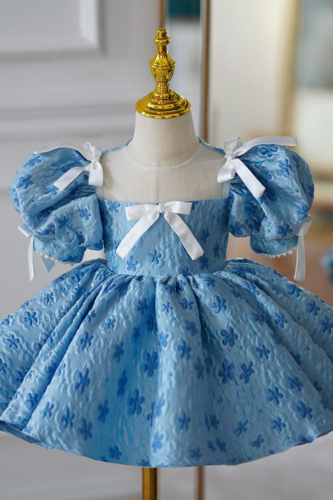 Prinzessin Quadratisch Wadenlang Satin Blumenmädchenkleider in Blau