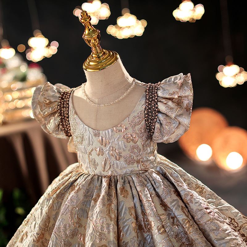 Prinzessin Scoop Wadenlang Satin Blumenmädchenkleider Champagner