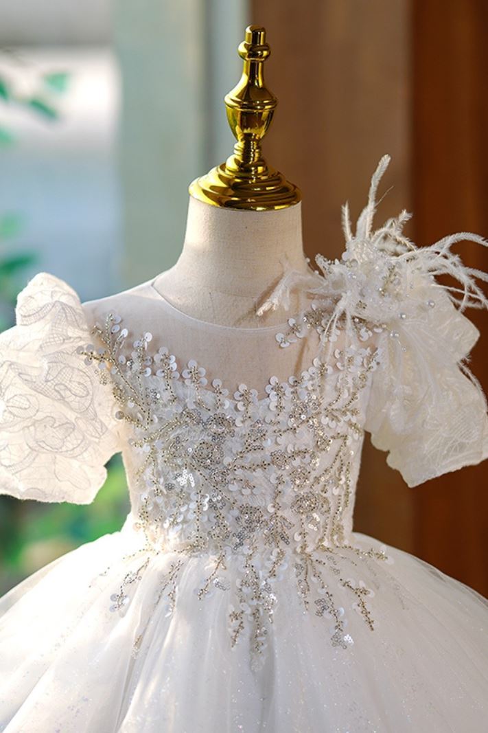 Prinzessin Runden Spitze Blumenmädchenkleider Weiß