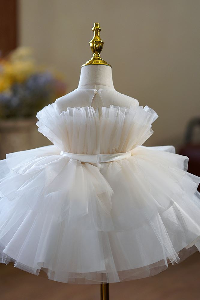 Prinzessin Runden Wadenlang Tüll Blumenmädchenkleider Weiß