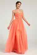 Coral A-Line Maxi Dress with Sweetheart Neckline and Beaded