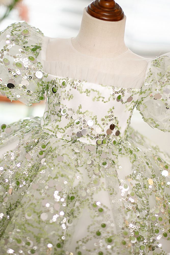 Prinzessin Runden Wadenlang Pailletten Blumenmädchenkleider in Grün