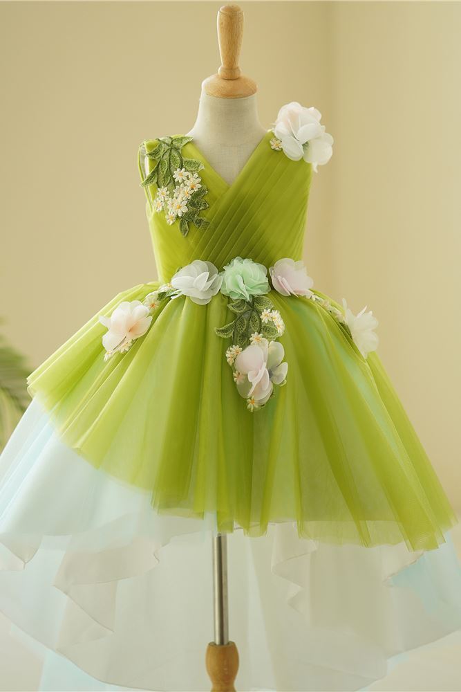 Prinzessin V Ausschnitt Bodenlang Tüll Blumenmädchenkleider in Grün