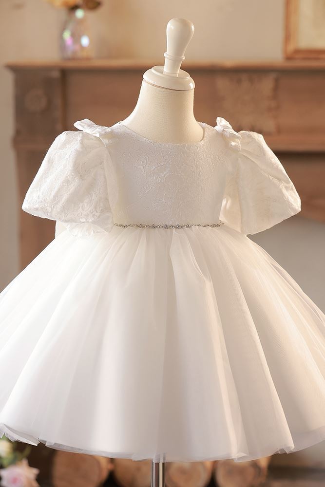 Prinzessin Runden Wadenlang Spitze Blumenmädchenkleider in Weiß