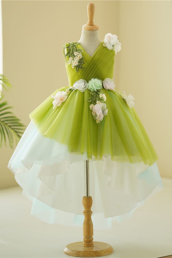Prinzessin V Ausschnitt Bodenlang Tüll Blumenmädchenkleider in Grün