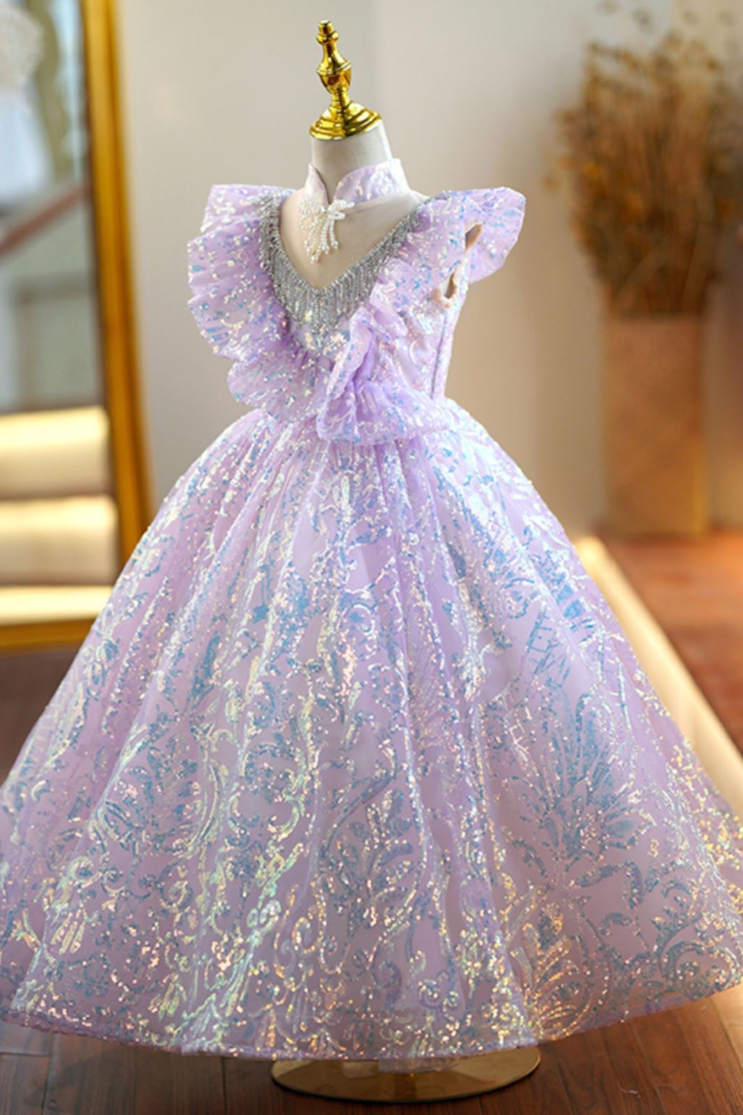 Prinzessin Bodenlang Pailletten Blumenmädchenkleider in Lila