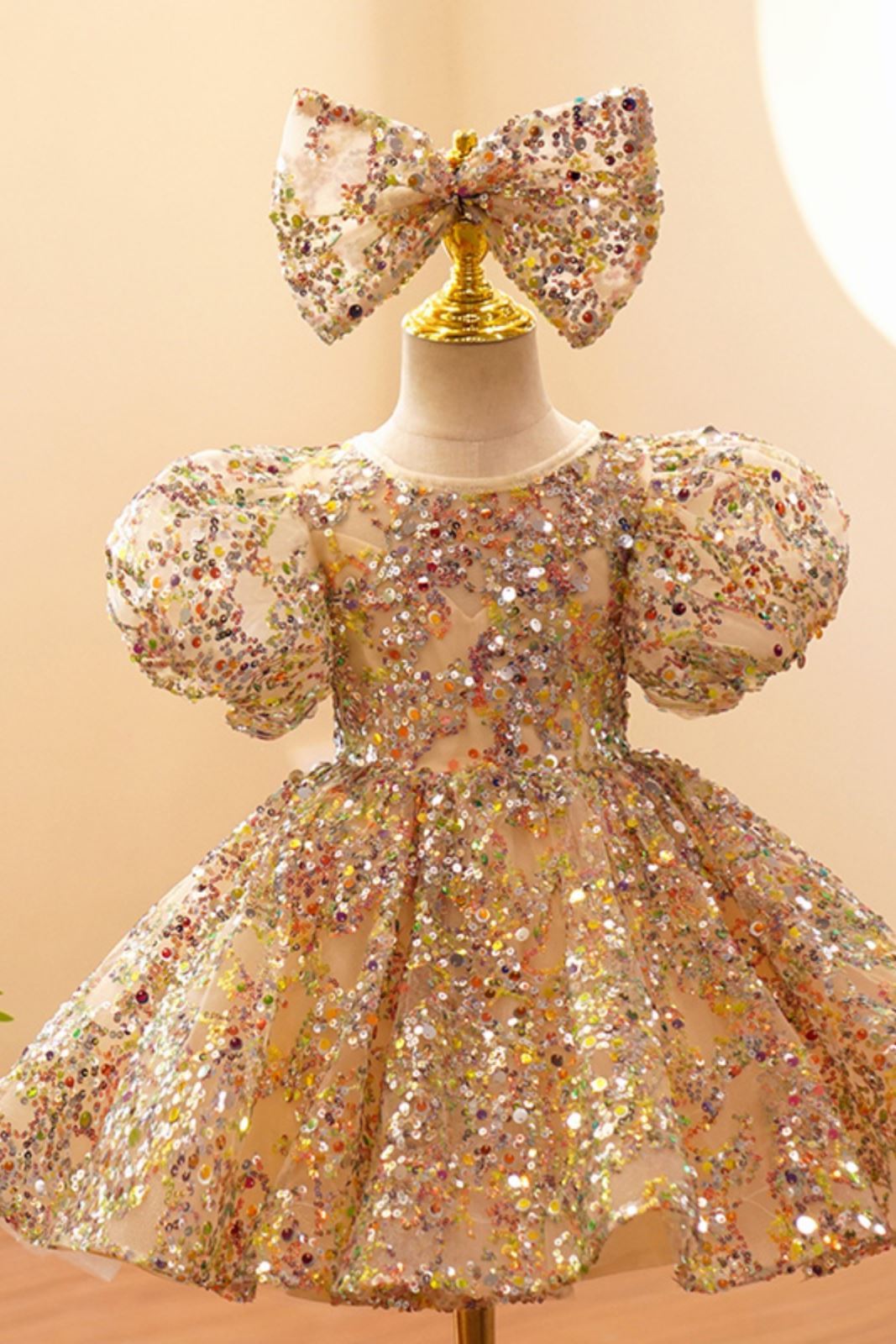 Prinzessin Runden Wadenlang Pailletten Blumenmädchenkleider Gold