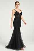 Schwarzes V-Ausschnitt Meerjungfrau Tüll Maxikleid mit Pailletten