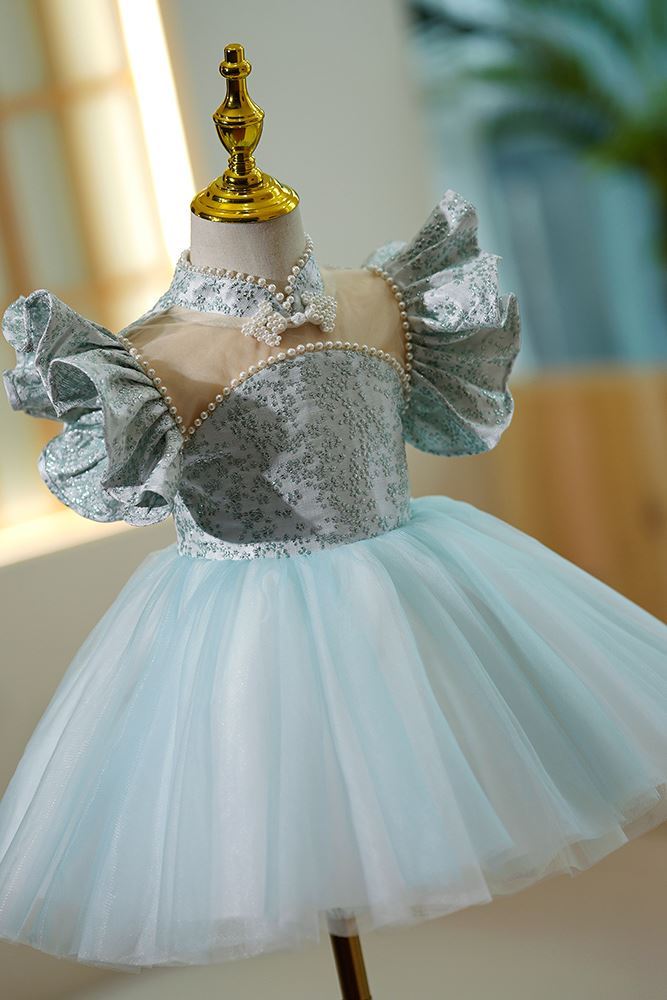 Prinzessin Juwelenhals Wadenlang Satin Blumenmädchenkleider in Blau