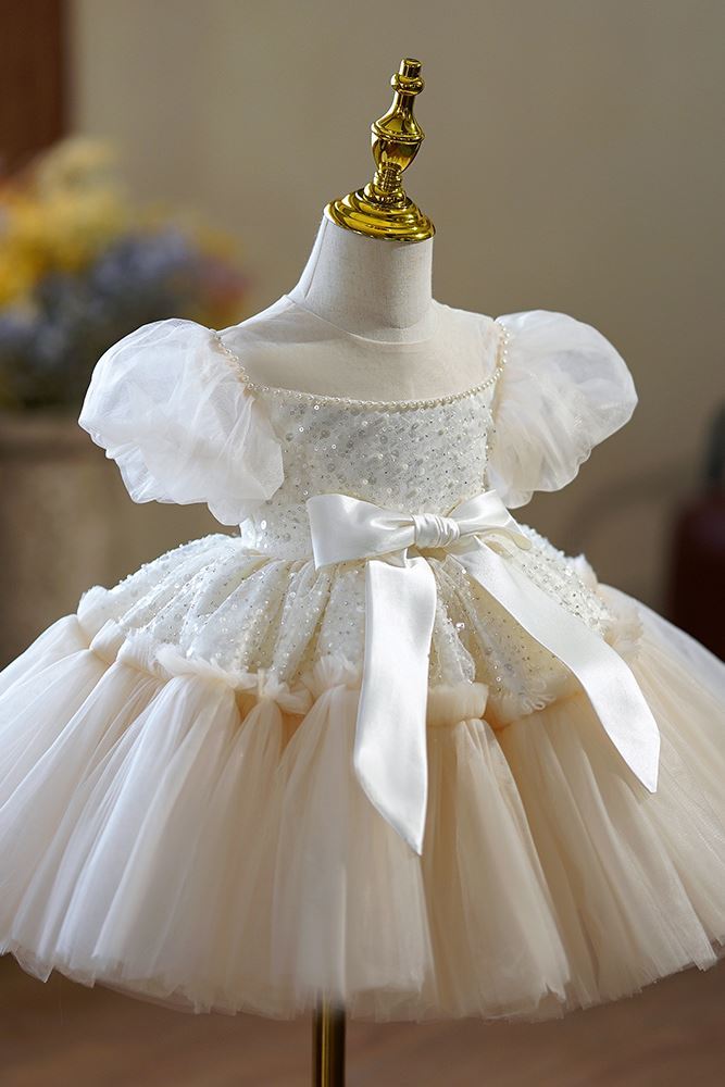 Prinzessin Wadenlang Tüll Blumenmädchenkleider Champagner