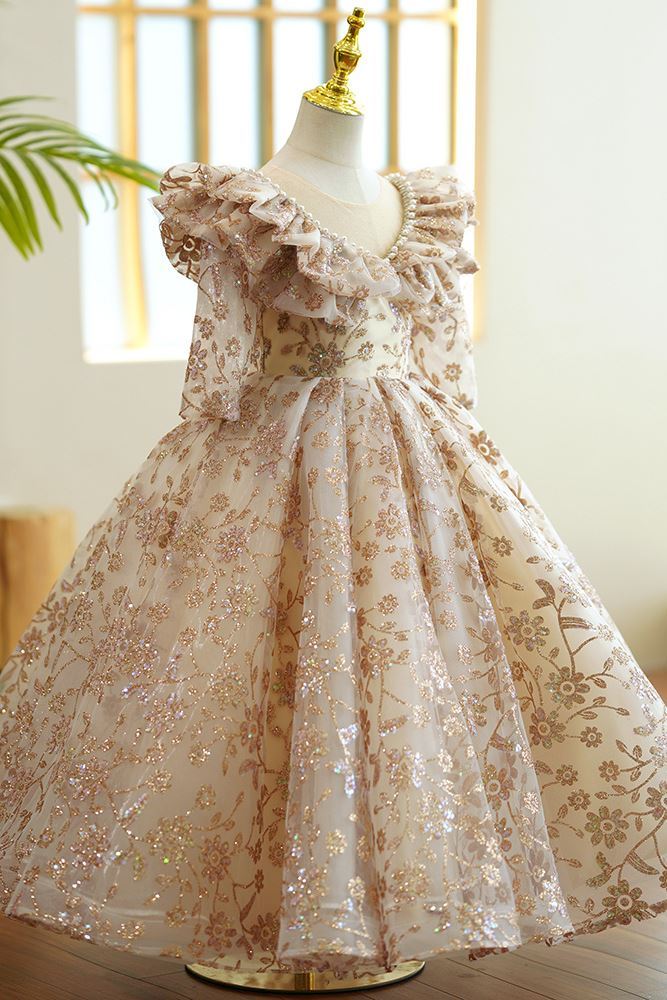 Prinzessin Bodenlang Pailletten Blumenmädchenkleider in Champagner