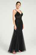 Schwarzes V-Ausschnitt Meerjungfrau Tüll Maxikleid mit Pailletten