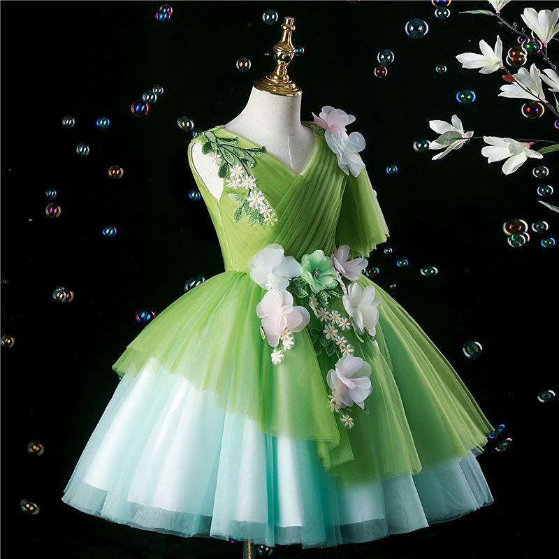 Prinzessin V Ausschnitt Wadenlang Tüll Blumenmädchenkleider in Grün