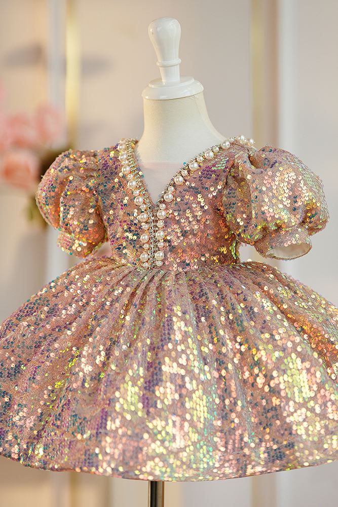 Prinzessin Wadenlang Pailletten Blumenmädchenkleider in Rosa