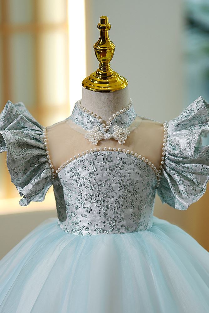 Prinzessin Juwelenhals Wadenlang Satin Blumenmädchenkleider in Blau