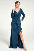V-Neck Ruched Sheath Maxi Dress with Long Sleeve and Leg Slit
