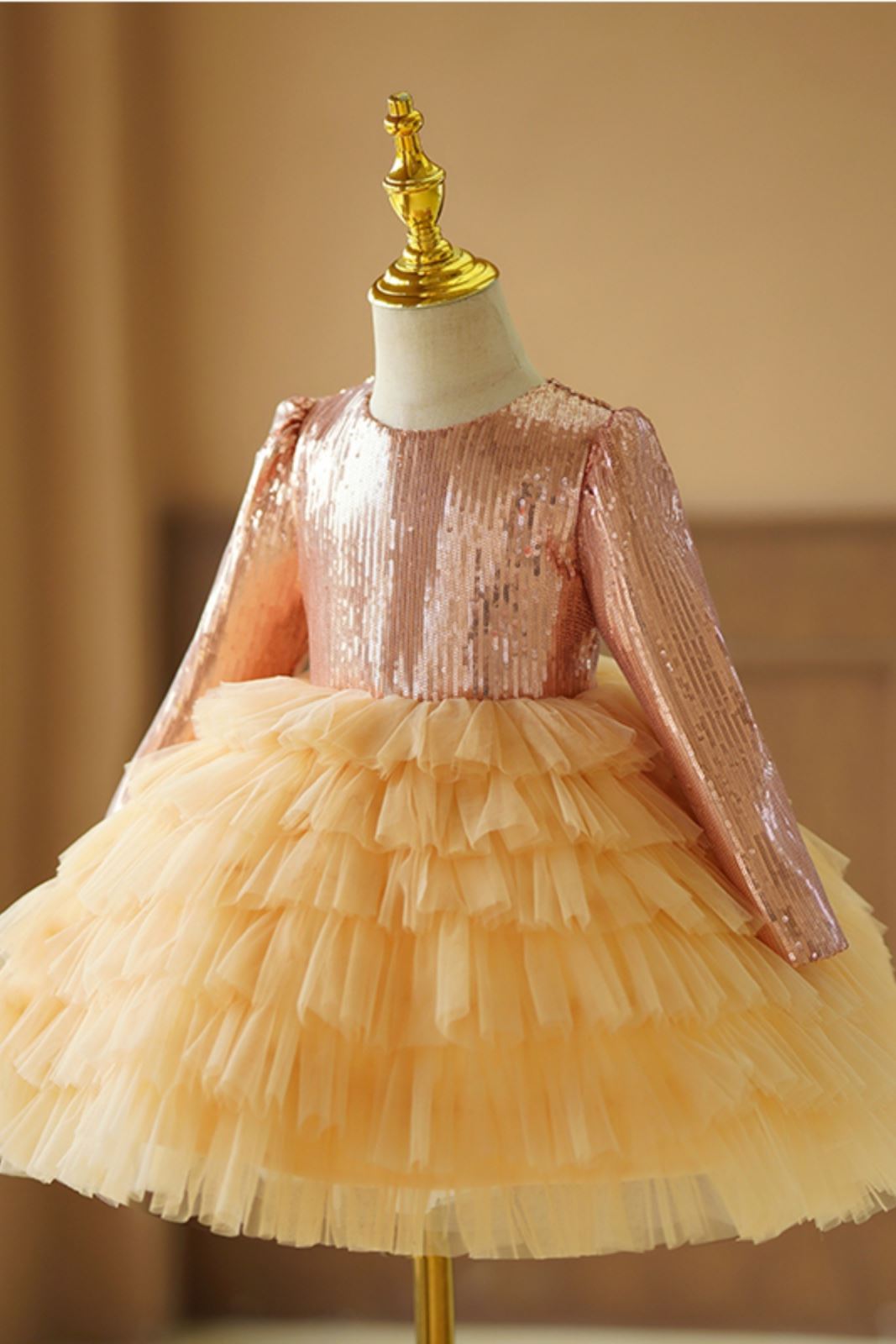 Prinzessin Runden Wadenlang Tüll Blumenmädchenkleider in Gold