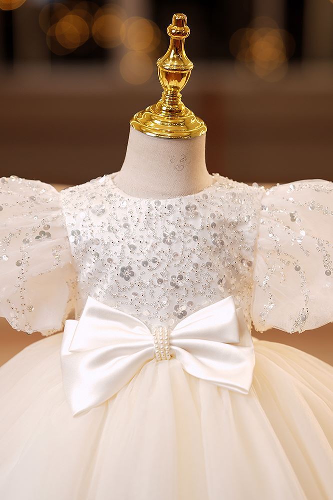 Prinzessin Runden Wadenlang Tüll Blumenmädchenkleider Elfenbein