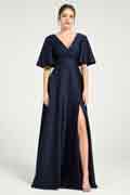 Robe de Soirée en Satin A-Ligne à Décolleté V avec Fente sur la Jambe