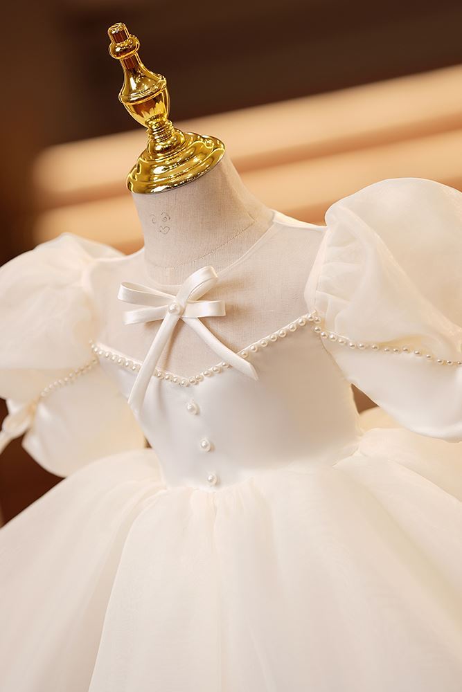 Prinzessin Runden Wadenlang Satin Blumenmädchenkleider Elfenbein