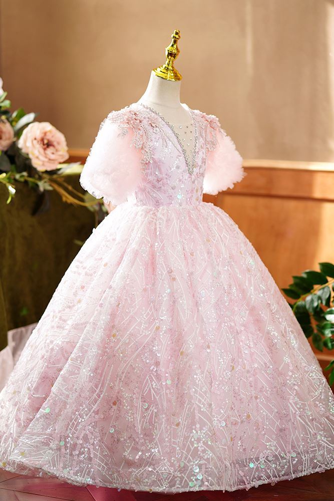 Prinzessin Bodenlang Pailletten Blumenmädchenkleider in Rosa