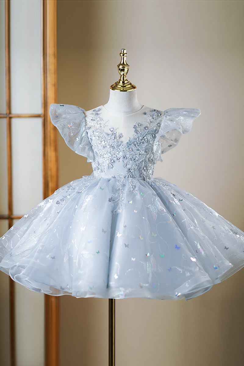 Prinzessin Wadenlang Pailletten Blumenmädchenkleider in Staubigblau