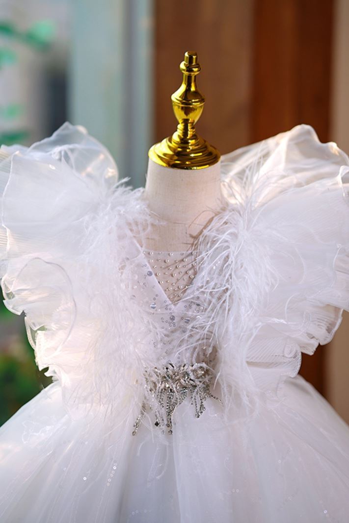 Prinzessin V Ausschnitt Wadenlang Tüll Blumenmädchenkleider Weiß