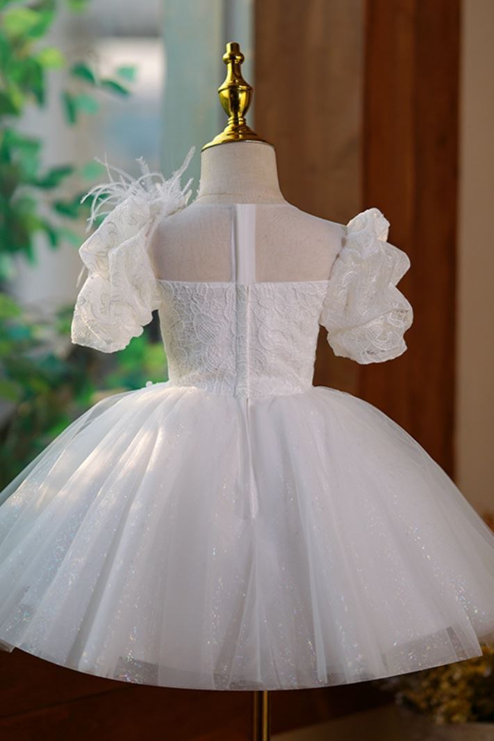 Prinzessin Runden Spitze Blumenmädchenkleider Weiß