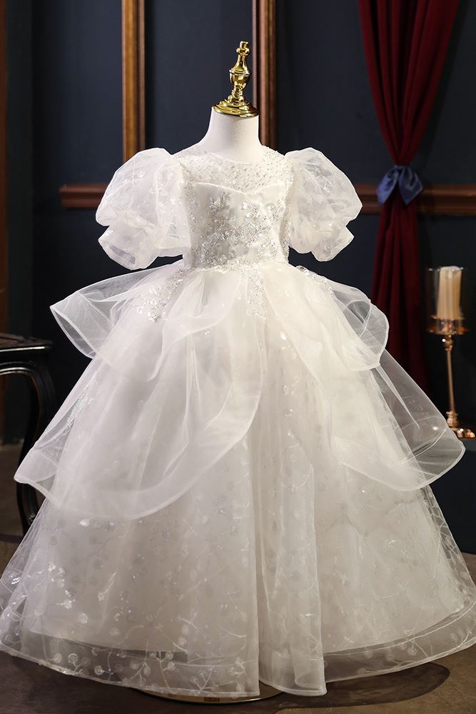 Princesse Longueur au Sol Pailleté robes de demoiselle d'honneur - fillette Blanc