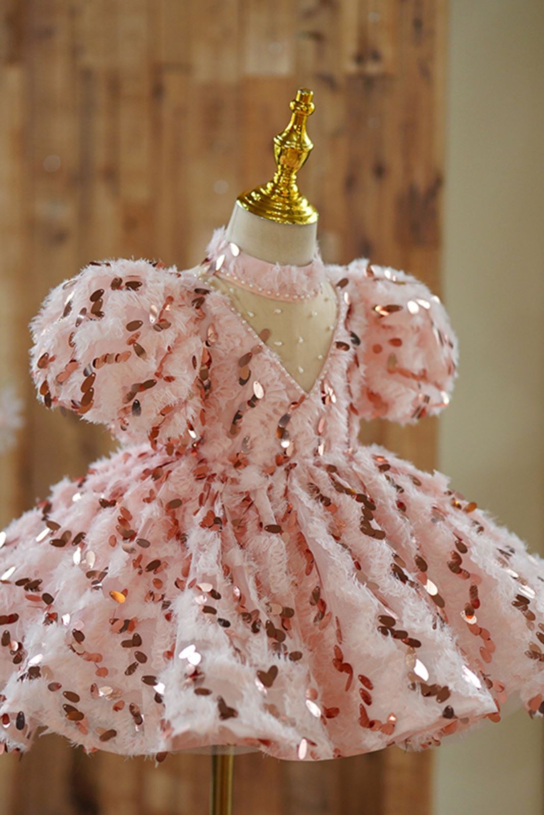 Prinzessin Wadenlang Pailletten Blumenmädchenkleider in Rosa