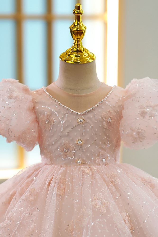 V Ausschnitt Wadenlang Pailletten Blumenmädchenkleider in Rosa