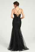 Schwarzes V-Ausschnitt Meerjungfrau Tüll Maxikleid mit Pailletten