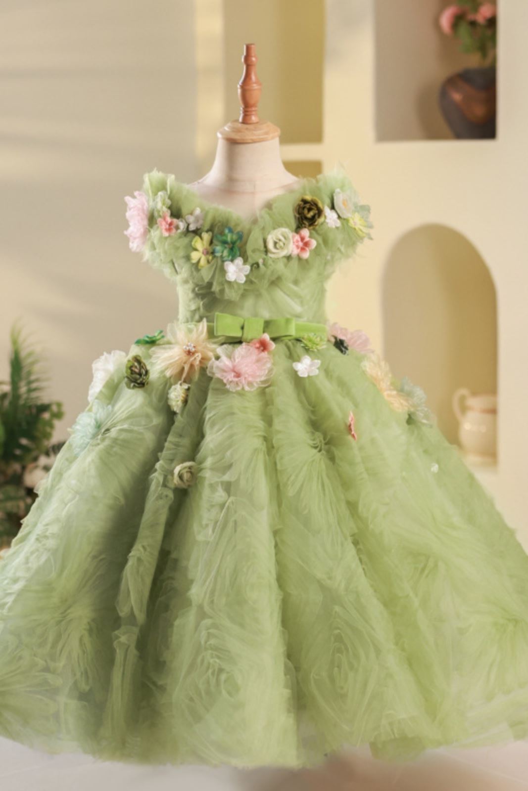 Prinzessin Runden Bodenlang Tüll Blumenmädchenkleider in Salbeigrün