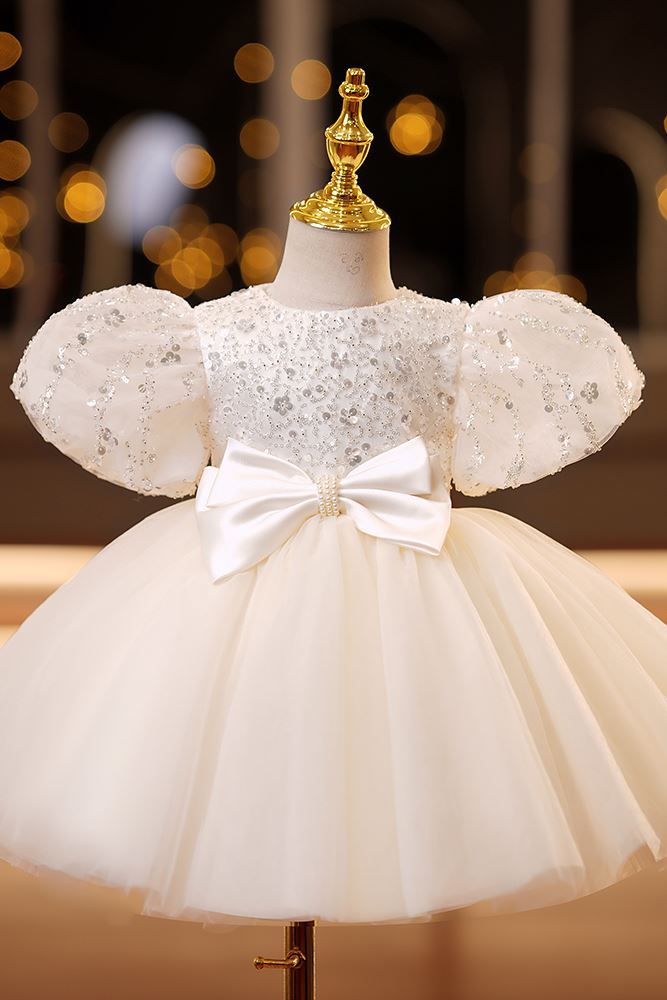 Prinzessin Runden Wadenlang Tüll Blumenmädchenkleider Elfenbein