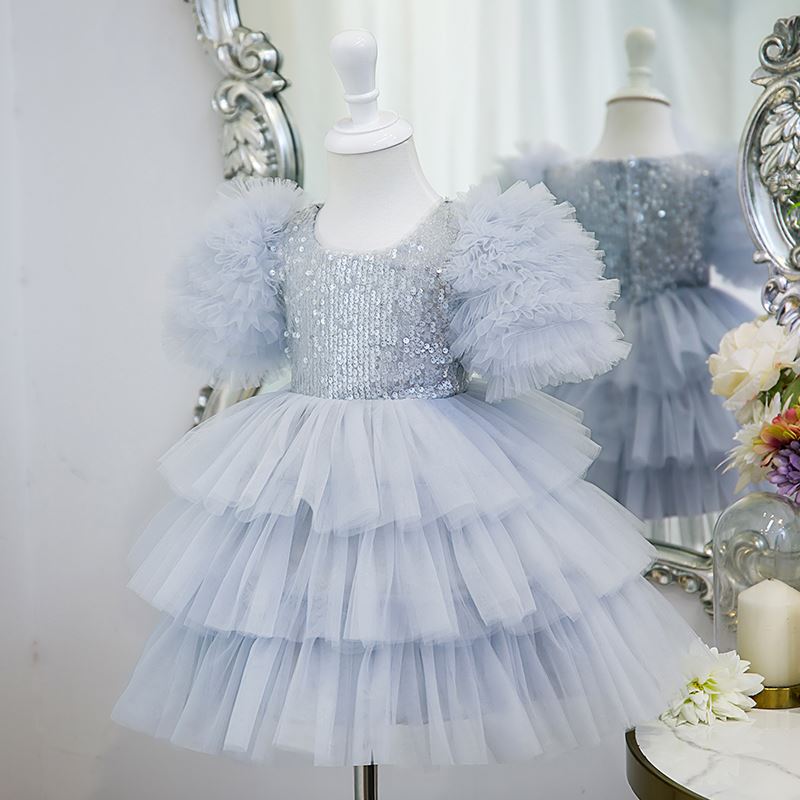 Princesse Longueur à Jambe Tulle robes de demoiselle d'honneur - fillette in Bleu et Gris
