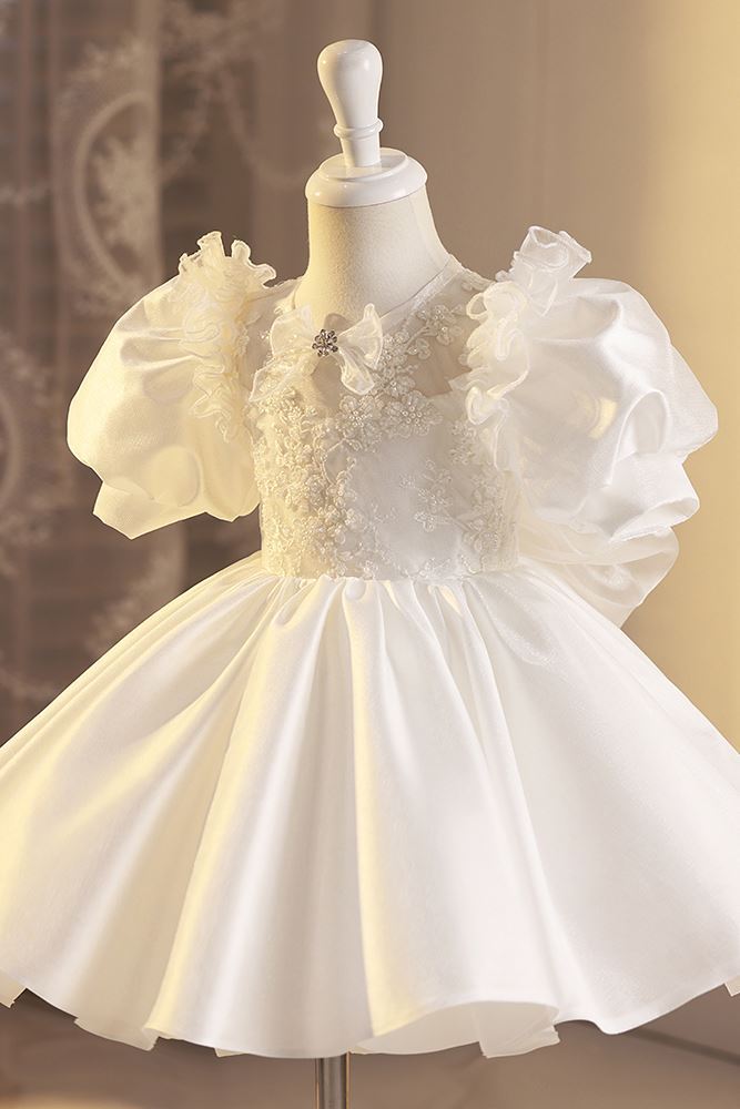 Prinzessin Runden Wadenlang Satin Blumenmädchenkleider in Weiß