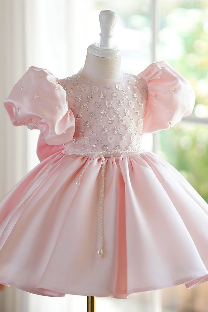 Prinzessin Runden Wadenlang Satin Blumenmädchenkleider in Rosa