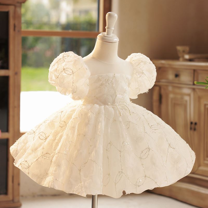 Prinzessin Runden Wadenlang Organza Blumenmädchenkleider in Weiß