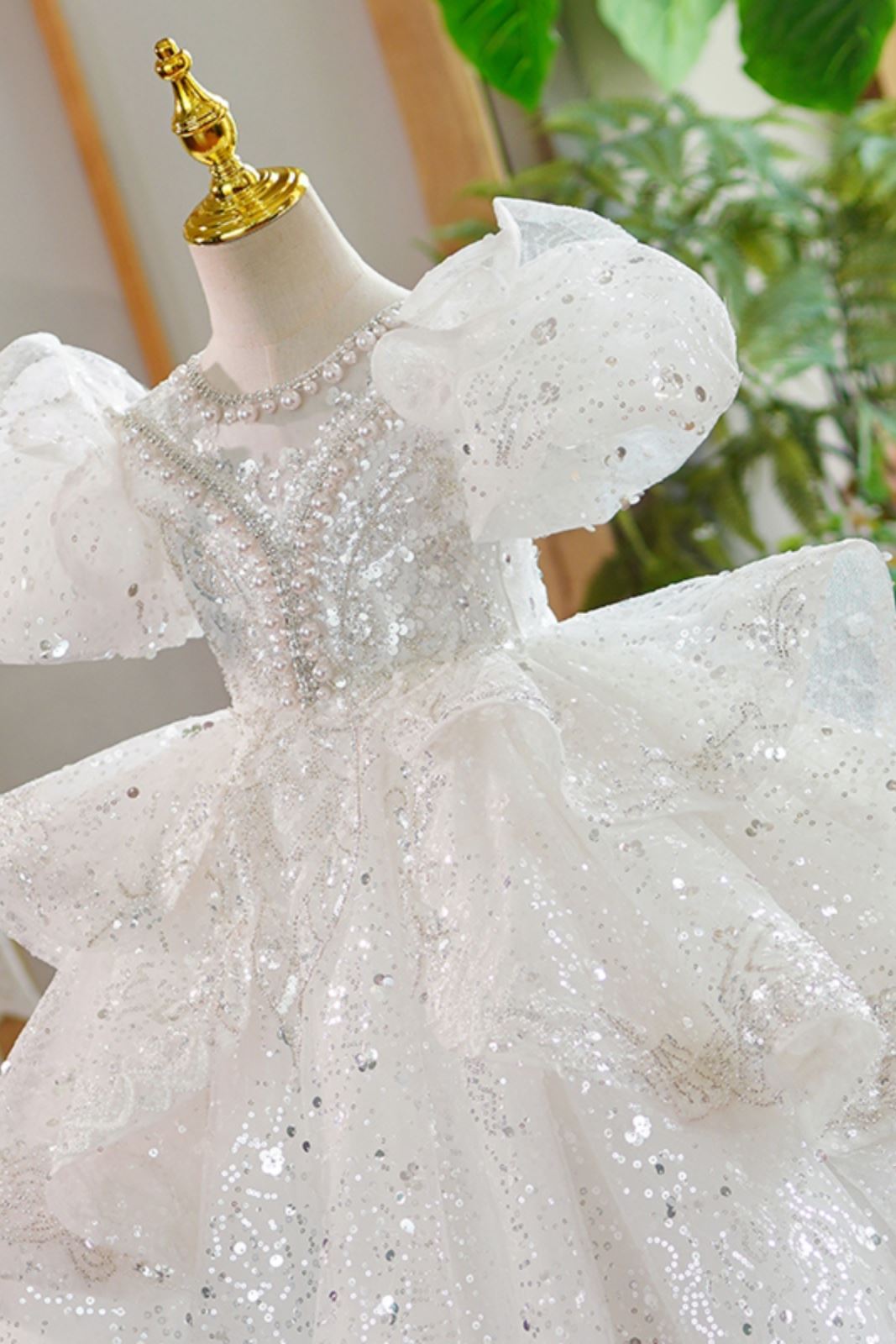 Prinzessin Bodenlang Pailletten Blumenmädchenkleider in Weiß