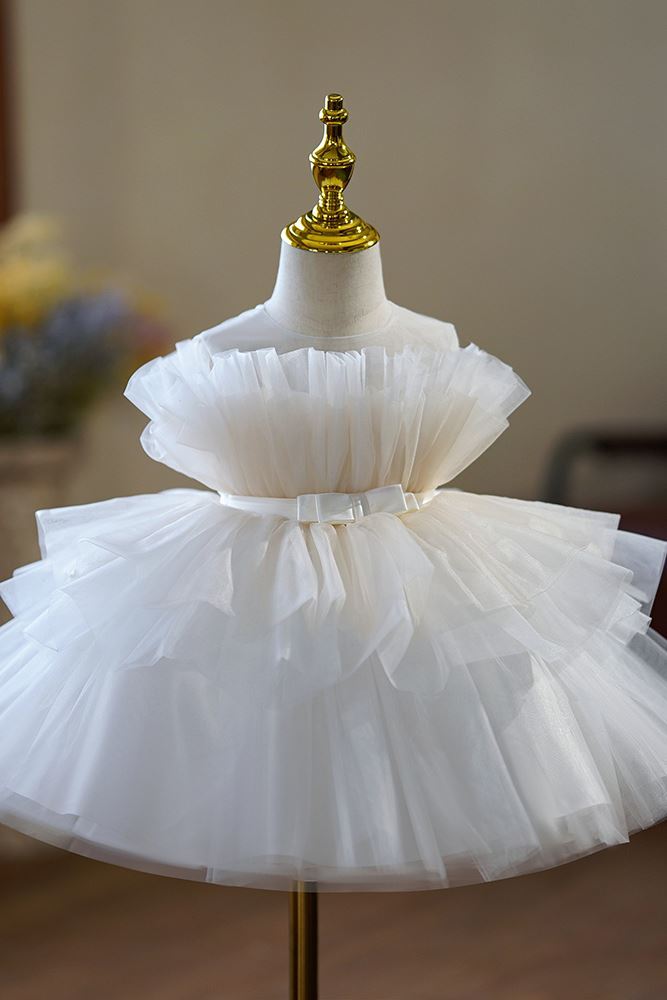 Prinzessin Runden Wadenlang Tüll Blumenmädchenkleider Weiß