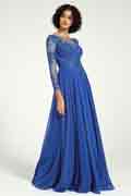 Blaues langärmliges Kleid für die Brautmutter mit Spitzenstickerei