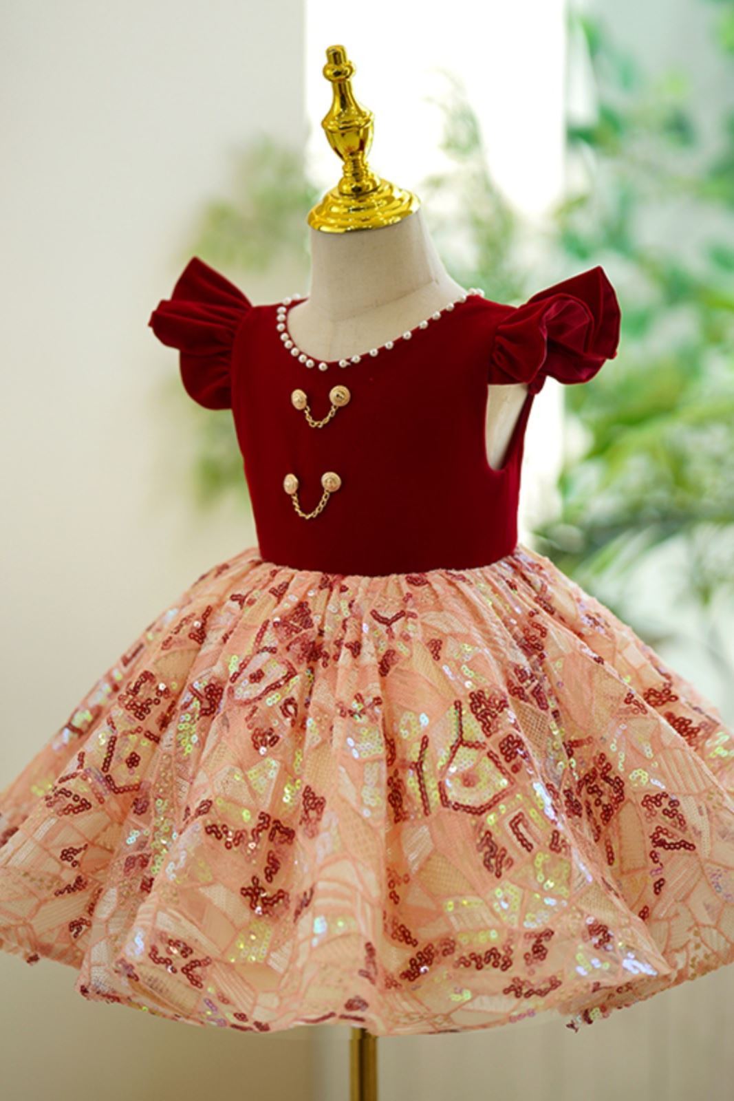 Prinzessin Wadenlang Pailletten Blumenmädchenkleider in Burgundrot