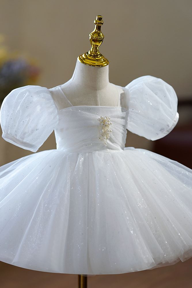 Prinzessin Wadenlang Pailletten Blumenmädchenkleider in Weiß